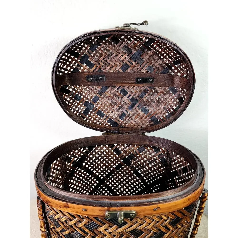 Woven Rattan Lidded Large Basket w/ Lid Brass Accent Asian Inspired 80s Vintage
